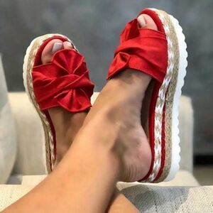 Women's Red Bow Tie Platform Fabric Slip On Shoes -M